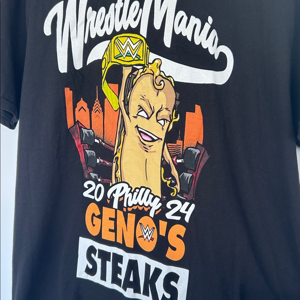 WWE Wrestlemania 40 Philadelphia 2024 Geno's Steaks Philly Cheesesteak T-Shirt - Picture 2 of 16